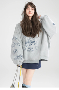 Moda Sweet Cool Girl Graffiti Print Grey Fleeced Sudaderas Irregular Loose Casual Manga larga Sudaderas con capucha Chaquetas Mujer Otoño - Product Image 5