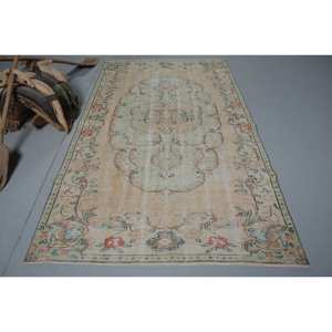 พรมขนสัตว์ตุรกีแนววินเทจผืนใหญ่ลายเย็บปะต่อสีเบจสีเขียว4ft 9in x 8FT สี่เหลี่ยม5in ยางขนาด10มม. สำหรับตกแต่งห้องโถง - Product Image 1