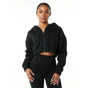 Sudadera corta con capucha para mujer, 55% algodón, 45% licra, estilo de hombro con cremallera completa, color negro - Product Image 1