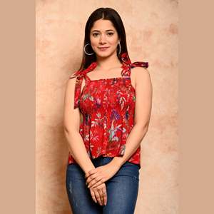 <b>Red</b> Bird Printed <b>Crop</b> <b>Top</b> Casual and Stylish Shirred Daily Wear for Summer Woven From Cotton and Polyester Size 5XL - Product Image 5