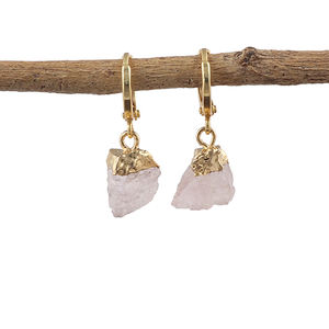 Handmade Trendy <b>Earring</b> Set for Women Natural Raw Rose Quartz for October Birthstone Electroplated <b>Fashionable</b> <b>Hoop</b> <b>Earrings</b> - Product Image 2