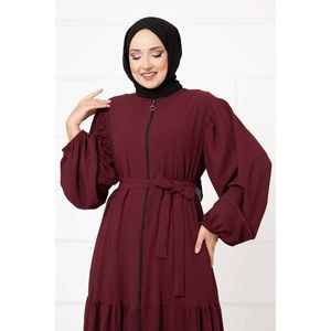 ชุดเดรสสีแดงอมม่วงพร้อมแขนบอลลูนและซิปสไตล์อาบายา - Product Image 3