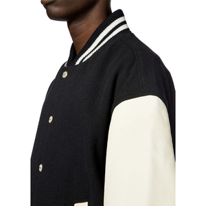 Chaqueta Estilo Universitaria Negra y Crema para Hombre, Ribete Acanalado a Rayas, Cierre de Botones a Presión, Ropa Urbana Premium, Abrigo Informal de Moda - Product Image 5