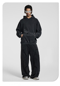 Sweat-shirts pour hommes en molleton 100% coton, coupe classique, effet vieilli et délavé à l'acide, poids lourd 220g, nouveau modèle personnalisé, effet vintage, 2 pièces - Product Image 2