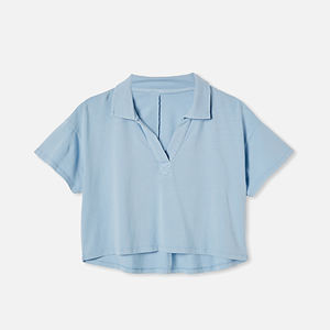 Camisa recortada de manga corta antiarrugas con estampado de algodón 100% personalizado para mujer, Top informal de verano con cuello abotonado - Product Image 1