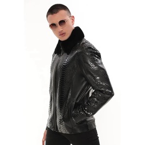 Chất Lượng Tốt Nhất Của Nam Giới Da Đen Biker Áo Khoác Với Da Rắn <span class=keywords><strong>Python</strong></span> Dập Nổi Da Cừu Da Áo Khoác Và Màu Đen Faux Fur Cổ Áo - Product Image 4