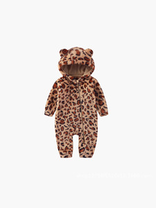 Venta al por mayor de moda de invierno con estampado de leopardo, además de terciopelo grueso y cálido con cremallera para niños y niñas, Pelele con capucha para niños y bebés, ropa - Product Image 4