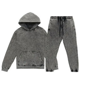 Ropa de calle de lana lavada con ácido de dos piezas personalizada, chándal sólido con capucha para mujeres y hombres, invierno, ligero, a prueba de viento, Logo frontal Plus - Product Image 3