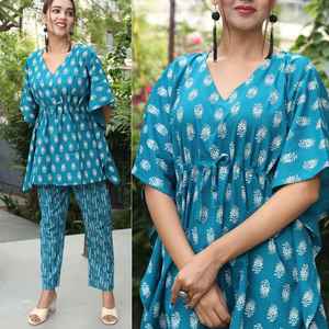 Caftans courts de conception de fleur de couleur pêche sur mesure ensemble complet en tissu 100% coton disponible dans les tailles aussi bien. - Product Image 2