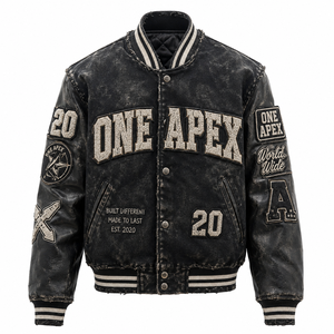 ONEAPEX Custom Black Acid Wash Distressed Vintage Letterman Hooded Breathable Winter <b>Jacket</b> Chenille Patch Streetwear OEM ODM - Product Image 1