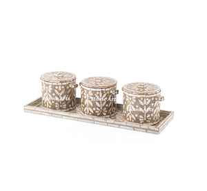 Lot de 3 pots de fruits secs en nacre Design fantastique bocaux décoratifs de forme ronde avec plateau serveur de noix - Product Image 3