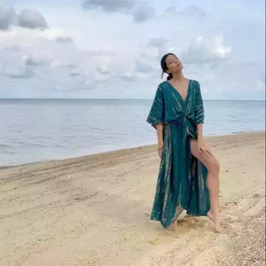 ชุดกิโมโนผ้าเรยอนมัดย้อมสวยสำหรับผู้หญิงชุดคลุมยาวถึงพื้นแขนยาวสำหรับวันหยุดฤดูร้อนผ้าทอสไตล์โบฮีเมียนชายหาดระบายอากาศได้ - Product Image 1