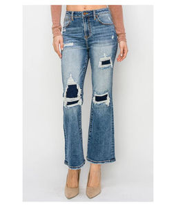 Pantalon en denim en détresse pour femmes couleur bleue décontracté quotidien Street Wear élégant pantalon en jean évasé à jambe large - Product Image 1