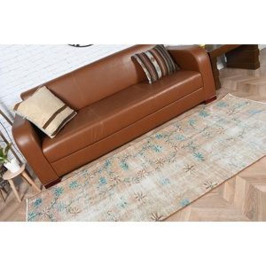 Vintage Turkish Rug, 3.2x7.4 ft Accent Rug, <b>Brown</b> Blue Striped <b>Wool</b> Rug - Product Image 5