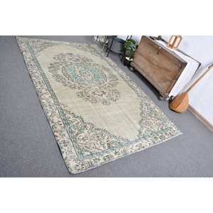 Tapis Turc Vintage Beige Vert 5.7 X 9.1ft Tissage Plat en Laine avec Motif Patchwork pour Décorations de Salon - Product Image 5