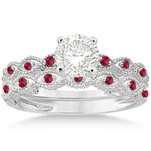 Ensemble de bijoux en or blanc 14 carats - Bague de fiançailles et alliance en rubis antique (0,36 ct) Ensemble de bagues à double bande en diamant de laboratoire - Product Image 1