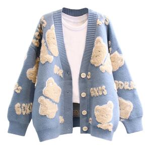 Phụ Nữ Màu Xanh Gấu Bông Cardigan Áo Len Dễ Thương Dệt Kim Nút Xuống Giản Dị Mùa Đông Ấm Áp Thời Trang Ấm Áp Dài Tay Áo Mềm Mại Phong Cách Trang Phục - Product Image 1