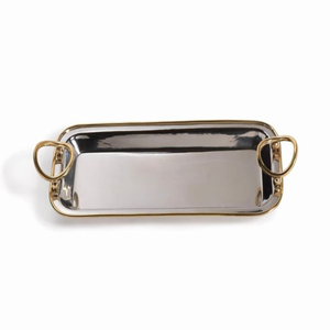 Bandeja de servicio de metal de diseño simple de forma rectangular con asas de diseño elegante de acero inoxidable a buen precio - Product Image 1