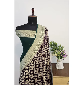 Sari Banarasi en Georgette Khaddi Pur, Tissé à la Main, Tissu Fin, Broderie Zari Intricée, Style Traditionnel pour Fêtes - Product Image 2