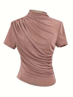T-shirt chic pour femme, 3 pièces, col rond, manches courtes, détail plissé sur le devant, couleurs unies, polyester écologique, respirant, séchage rapide
