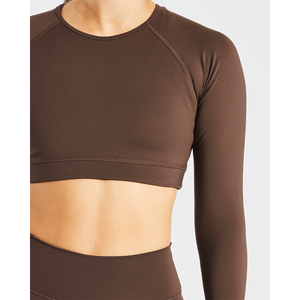 High Demand <b>Brown</b> Women Staple <b>Long</b> <b>Sleeves</b> Crop <b>Top</b> 4 way Stretch Soft And Lightweight Fitness Workout Crop <b>Top</b> Tees for Women - Product Image 2