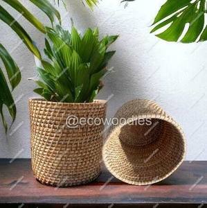 Maceta cilíndrica de hierba marina tejida de bambú antiguo, cesta elegante para plantas de interior y exterior y decoración de habitación - Product Image 3