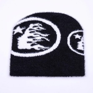 Bonnets unisexe d'hiver en mohair noir à bordure rouge avec logo personnalisé Bonnet d'hiver tricoté de couleur unie bon marché Bonnet en acrylique vierge OEM - Product Image 2