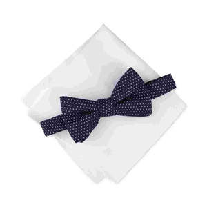 Set Papillon Pre-Annodato e Fazzoletto da Taschino da Uomo Alfani Blu Navy con Stampa Paisley a Pois in Raso e Poliestere, Taglia Regolare - Product Image 1