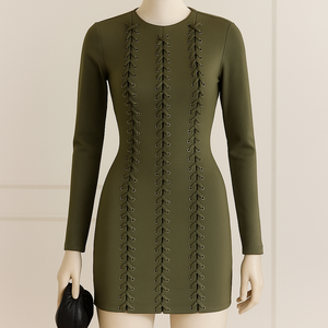 Robe longue moulante en molleton à lacets pour femme, manches longues, coupe régulière, genou, tissu extensible doux, respirant, style streetwear moderne - Product Image 1