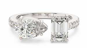 Asymmetric Pear Cut and <b>Emerald</b> Cut Diamonds <b>Ring</b> with Round Diamonds Luxury Engagement <b>Ring</b> for Women Lab Grown Diamonds - Product Image 2