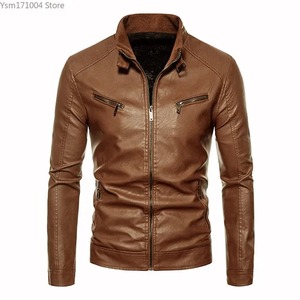 Veste en cuir d'hiver pour hommes col montant couleur unie veste à fermeture éclair serrée haute qualité mode de rue manteaux décontractés vêtements pour hommes - Product Image 6