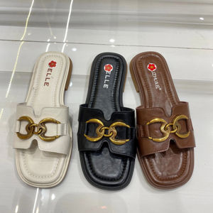 Sandali Bassi da Donna Estivi a Ciabatta in PU <span class=keywords><strong>con</strong></span> Punta Quadrata e Catena Dorata, Chiusura Slip-On e Logo Personalizzato OEM/ODM - Product Image 1