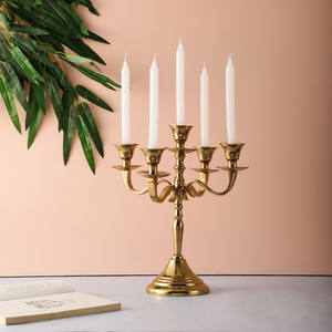 Elegant five-arm <b>gold</b> candelabra centerpiece. Available at wholesale prices. - Product Image 1