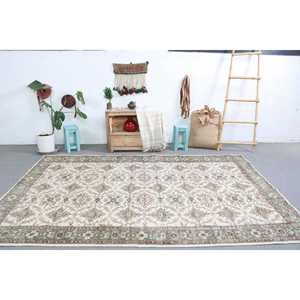 Tapis turc vintage 6,4x9,5 pieds, grand tapis en laine rayé vert - Product Image 1