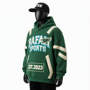 Sudadera con Capucha Premium para Hombre, 350 GSM, Tela de Felpa Suave, Verde con Panel Deportivo Blanco, Logotipo Bordado en Chenilla Personalizado, Sudadera Básica - Product Image 2