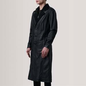 Charlton Men's Black Sheepskin Leather Gothic Winter Overcoat <b>Quilted</b> Polyester Lining Notch Collar <b>Wool</b> Filling Fur Decoration - Product Image 3
