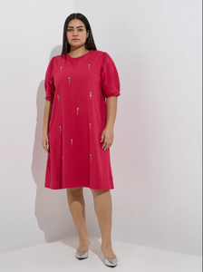 Vestido recto de algodón adornado con diamantes fucsia Gia - Product Image 1