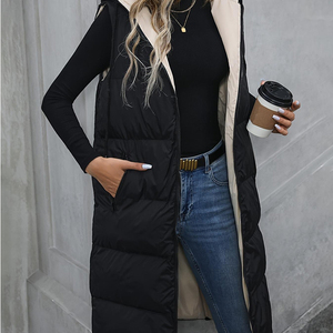 Disponibile: Moda Transfrontaliera 2026 - Gilet Lungo in Cotone con Cappuccio Tinta Unita, Giacca Senza Maniche con Zip - Product Image 1