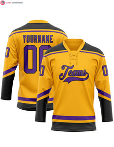 Maillot de hockey personnalisé 100% polyester or rouge-noir avec logo sur le devant col en dentelle Service OEM - Product Image 4