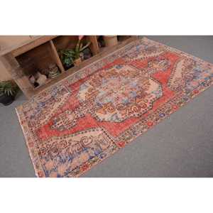Tapis Vintage Anatolien Rouge Bleu 4.3X7 pieds Classique Grande Surface Laine Turque Latex Patchwork pour Couloir Rectangle Classique - Product Image 5