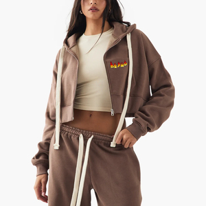 Conjunto de Sudadera con capucha y cremallera de talla grande personalizada para mujer, sudaderas de gran tamaño con logotipo bordado y cuello con capucha - Product Image 1