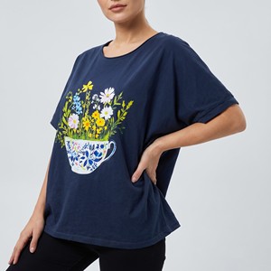 T-shirt a maniche corte ampia con stampa floreale sulle maniche, 100% cotone - Product Image 1