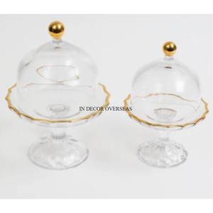 Ensemble de 2 bols de service en verre transparent, support de base design, feuilles en métal plaqué or, art créatif moderne, couvercle supérieur - Product Image 3