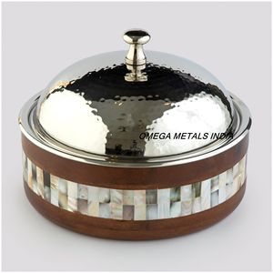 Ensemble de casseroles de la meilleure qualité avec couvercle martelé en acier inoxydable poli Base en bois nacré Ensemble de casseroles d'excellente qualité - Product Image 2