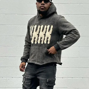 2025 New Fashion Men's Hoodies Embroidered <b>Distress</b> Design Digital Printing Customized Cotton Blended Solid Color Winter <b>Top</b> - Product Image 3