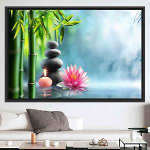 Impression sur toile de pierres zen élégantes : Nénuphar, bambou, décoration de spa, toile encadrée noire - Product Image 1