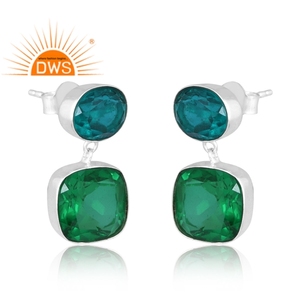 Unique Design Silver Doublet Santamaria <b>Aquamarine</b> Quartz & Doublet Zambian Emerald Gemstone <b>Earring</b> Custom Jewelry Manufacturer - Product Image 3