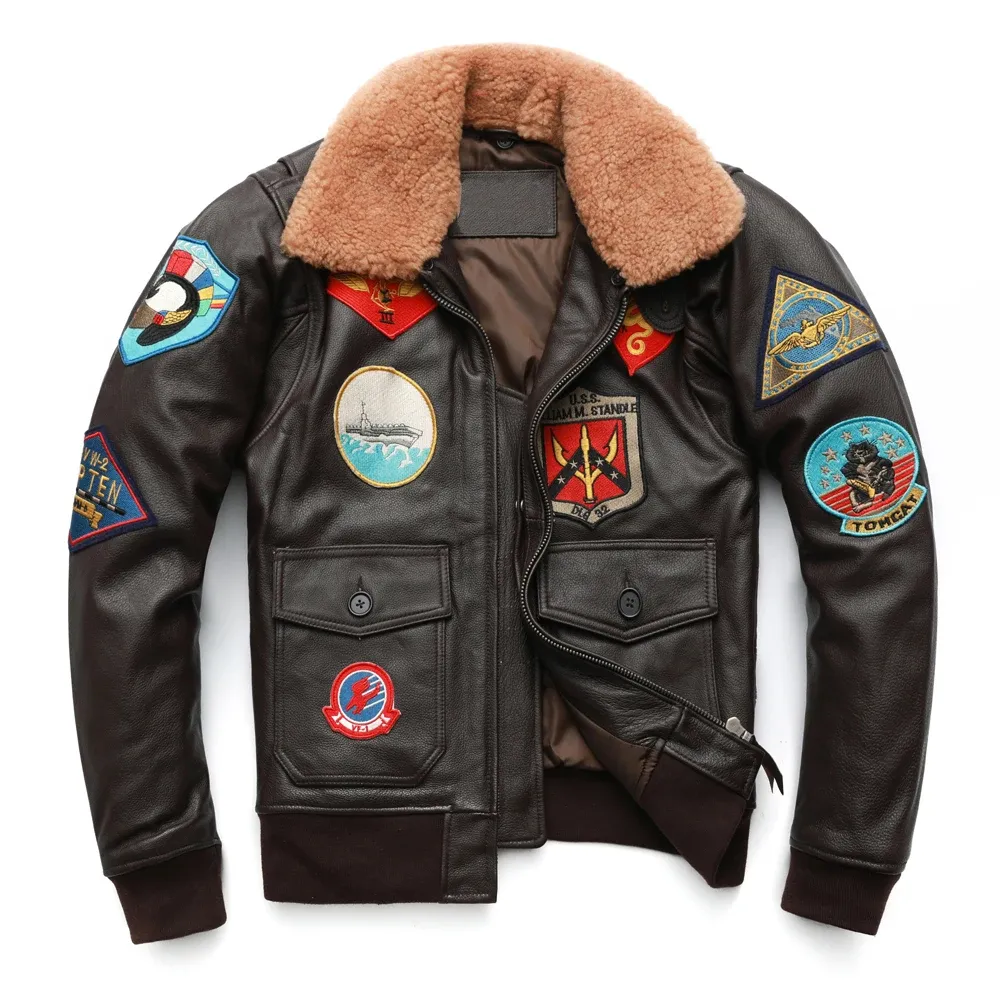 La mejor chaqueta de cuero G1 Aviator Bomber, chaquetas de cuero para hombre, abrigo de piloto de lucha de piel de cabra curtida vegetal rojo vino negro M096