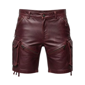 Pantalones Cortos Cargo de Cuero Genuino Color Vino Tinto para Hombre, de Primera Calidad, con Bolsillos Utilitarios, a la Moda - Product Image 1
