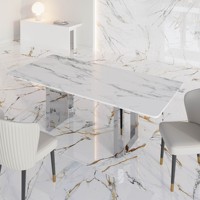Table à manger rectangulaire moderne en marbre avec base en acier inoxydable blanc et argent, stable, 6 places, 180 cm, meubles de salle à manger
